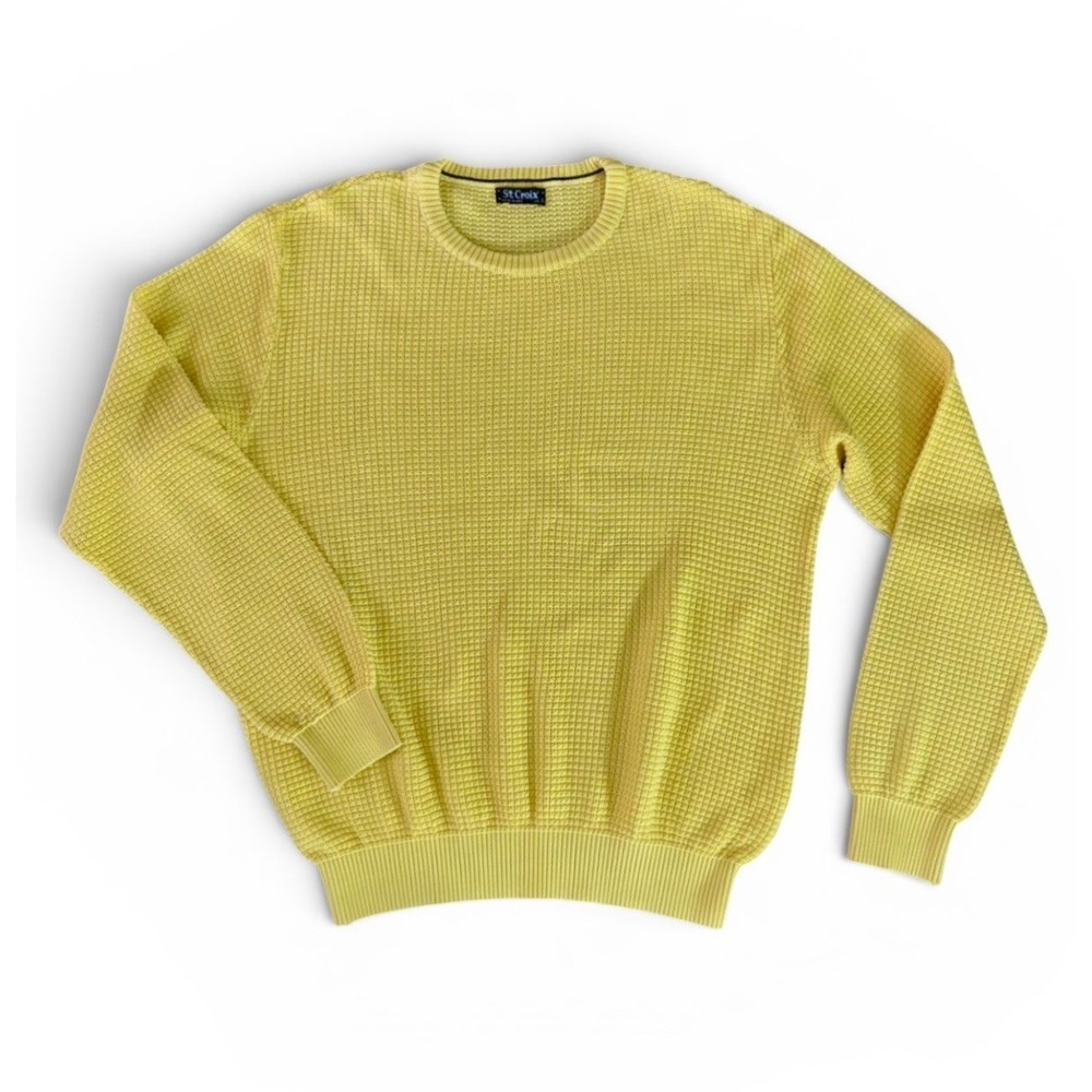 Vintage St. Croix USA Sweater Mens L Lemon Yellow Textured Waffle Knit Crew Neck